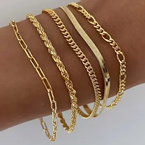 Greenish Spring Jewelry, Trendy Thin Dainty Stackable Cuban Link Paperclip Chain Bracelet Pack Fashion Accessories maximalist jewelry Bracelets for Women Waterproof, Jewelry Sets Gift,Elegant Minimalist Bangle Gift