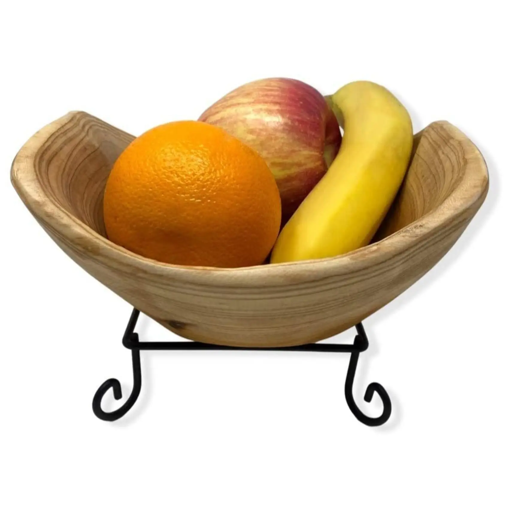 Thy Home Sturdy Cedar Wooden Rectangular Bowl - Hand-Carved, Artistic Use, Multi-Size (3 Sizes), Wavy Rim, Food-Safe Finish, Iron Stand, Natural Root Wood, Serving Bowl for Fruit Salad (Kitchenware Tableware), Natural And Beautiful, Sturdy Iron Stand