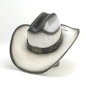 A Men's Retro Denim Hat with Bull Head Belt,  Worn Surface Treatment, Unisex Wide Brim 3.94 inches, Sturdy Structure, Breathable Weave, Adjustable One Size Fits Most Head Circumference 22.83-23.23 inches, with Sweatband, Outdoor