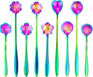 9 count Rainbow Flower Spoon Set, 2 Different Size Stainless Steel  Teaspoons for Drink Mixing Milkshake Jam