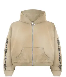 Barbwire Stitched Logo Zipup Hoodie BONE Heavyweight 100% Pre-Shrunk Cotton Oversized Fit with Multi-Compartment Design & Chenille VALURE Back Logo