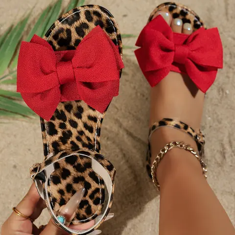 Women's Leopard Print Sandals with Bowknot Detail, Casual Round Toe Shoes for All Seasons, Medium Width, Textile Upper, Bow Decor Sandals