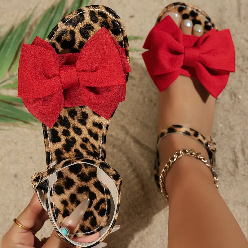 Women's Leopard Print Sandals with Bowknot Detail, Casual Round Toe Shoes for All Seasons, Medium Width, Textile Upper, Bow Decor Sandals