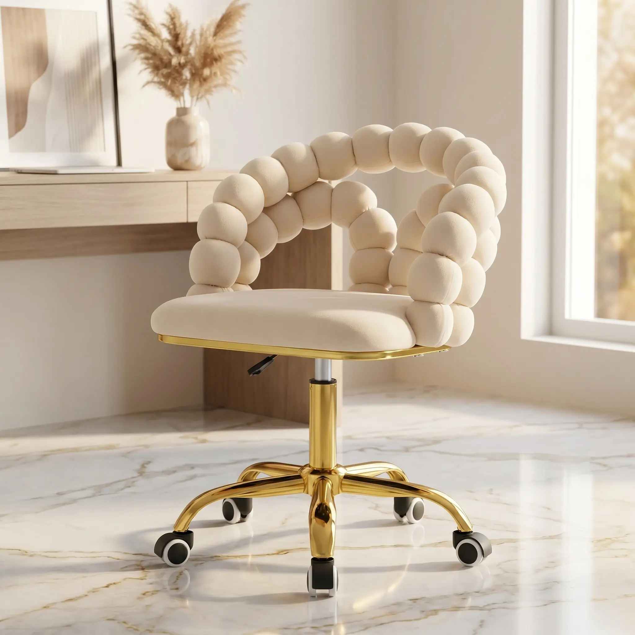 Modern Velvet Adjustable Swivel Desk Chair with Bubble Back – Upholstered Vanity Chair with Gold Metal Base, Rolling Office Chair for Home Office, Bedroom, Makeup Room, Modern Swivel Chairs, Spinning Swivel Chair