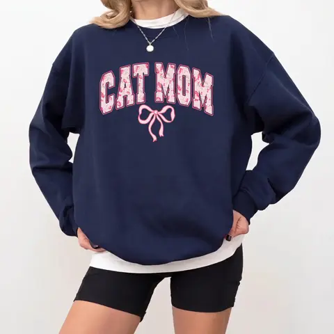 Cat Mom Coquette Sweatshirt, Pink Bow Cat Mom Shirt, Soft Girl Era Crewneck for Women, Girly Aesthetic Cat Lover Sweater - AMBER