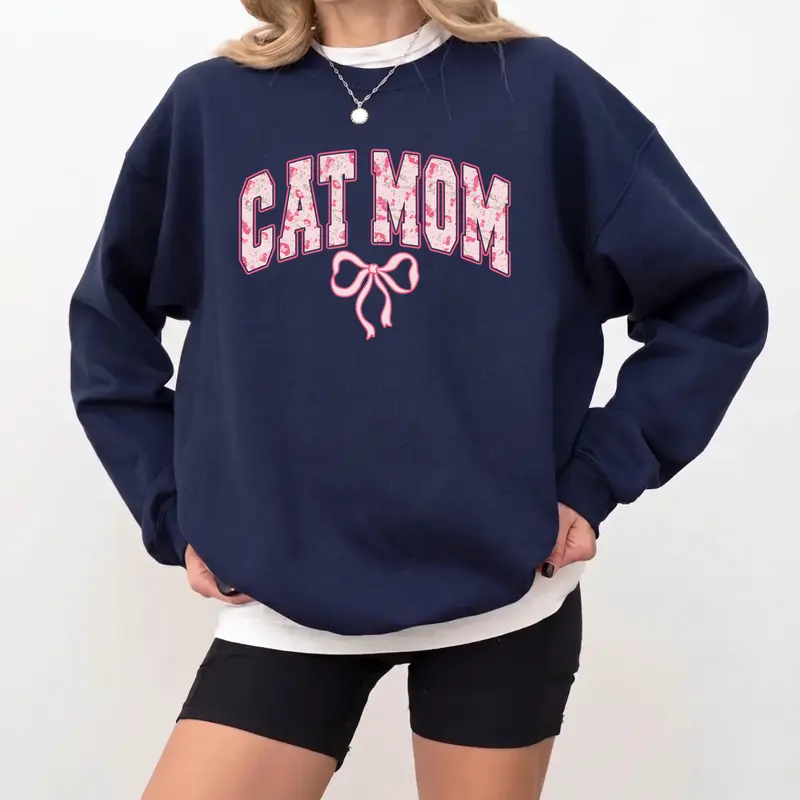 Cat Mom Coquette Sweatshirt, Pink Bow Cat Mom Shirt, Soft Girl Era Crewneck for Women, Girly Aesthetic Cat Lover Sweater - AMBER
