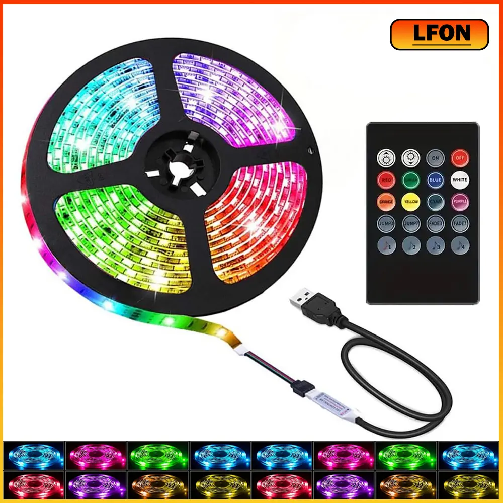 RGB LED light strip with 20 key remote control, Music Sync 5050 RGB Color Changing Rope Lights, USB powered flexible light, for Bedroom, Home Decoration, Party, Festival (5/10/15/20m)