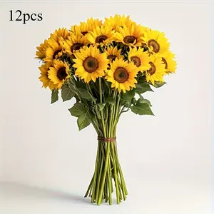 12pcs Artificial Sunflower Bouquet, Decorative Flowers Bouquet, with Dark Brown Stems - UV-Resistant Realistic Fake Flowers, Yellow Petals & Green Foliage, Durable Plastic Material for Indoor/Outdoor Wedding, Home
