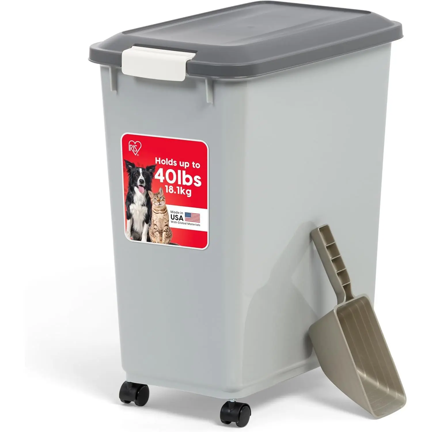 USA Dog Food Storage Container with Wheels, Airtight Lid, 2-Cup Scoop, Up to 40 Pounds Pet Food Storage, Built in Scoop Storage in Lid, Versatile Pet Food Bin, Portable, BPA Free, Gray/Dark Gray