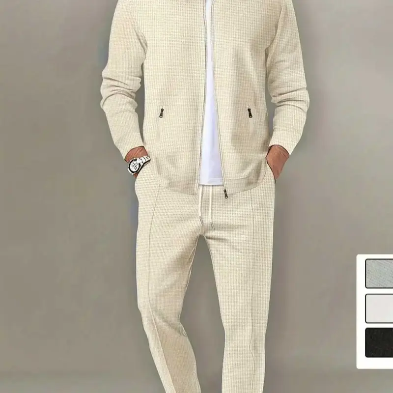 Men's Solid Zip Up Jacket & Pants Two-piece Set, Casual Athleisure Long Sleeve Collar Outerwear & Trousers for Spring & Fall, Men's Two-piece Outfits for Gym Workout Running, Workout Running Clothes, Sportswear Set, Athletic Clothing Set