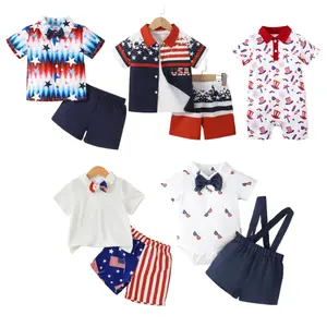 4th of July Independence Day Outfits For Baby Boys Multicolor Star Pattern Short-sleeved Shirt + Shorts + Detachable Bow Tie, 3Pcs Little Gentleman Clothes 42502019
