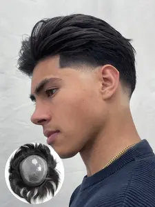 6 Inch Unprocessed Raw Human Hair Toupee Men‘s Hair System, Handmade Ultra Thin Skin All V-Looped PU Base Hairpieces Replacement Hair System, Natural Realistic Hair Topper for Daily Use