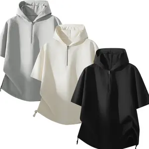 Men’s summer knit hooded short-sleeve T-shirt with half-zip design, casual and comfortable campus style, suitable for everyday wear #SummerVibes