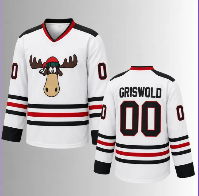 Griswold #00 Christmas Vacation Hockey Jersey, Personalized Winter Sports Outfit, White Red Black Stripe Round Neck Sportswear, Breathable Athletic Activewear, Holiday Hockey Shirt, Christmas Gift for Women, FallFreshness, Ugly Christmas Jersey, Xmas Look