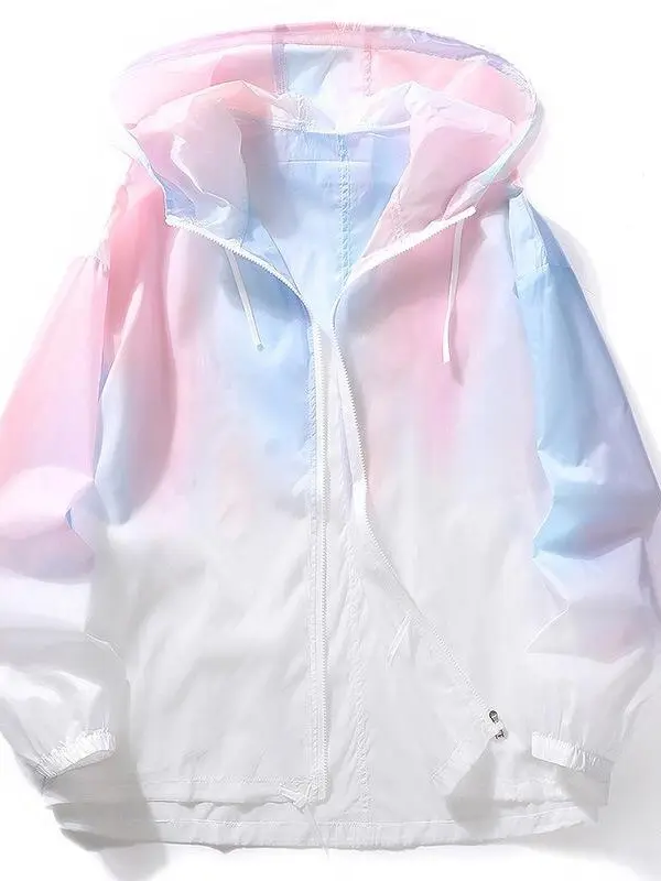Women's Aesthetic Gradient Hooded Windbreaker - Lightweight Sun Protection Outerwear with Cuff Sleeves, Foldable for Travel & Beach Trips, Casual