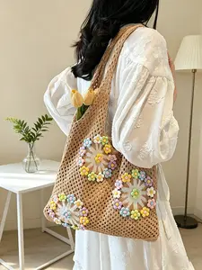 Women's 2026 New Forest-Style Hollow-Out Knitted Shoulder Bag, Large Capacity, Fresh & Simple, Artistic Relaxed Beach Vacation Gym Bag