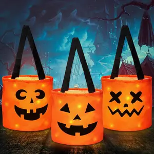 LED Light Up Trick or Treat Bags - 3 Pack, Multipurpose Reusable Goodie Bags With Pumpkin Face Design, Perfect For Halloween Parties & Festivals
