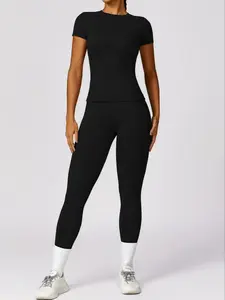 Women's Solid Round Neck Tee & High Waist Leggings Tracksuit Set, Sporty Comfy Dry-Quick Short Sleeve T-Shirt & Skinny Pants For Yoga Gym Workout, Summer Back to School Sportswear