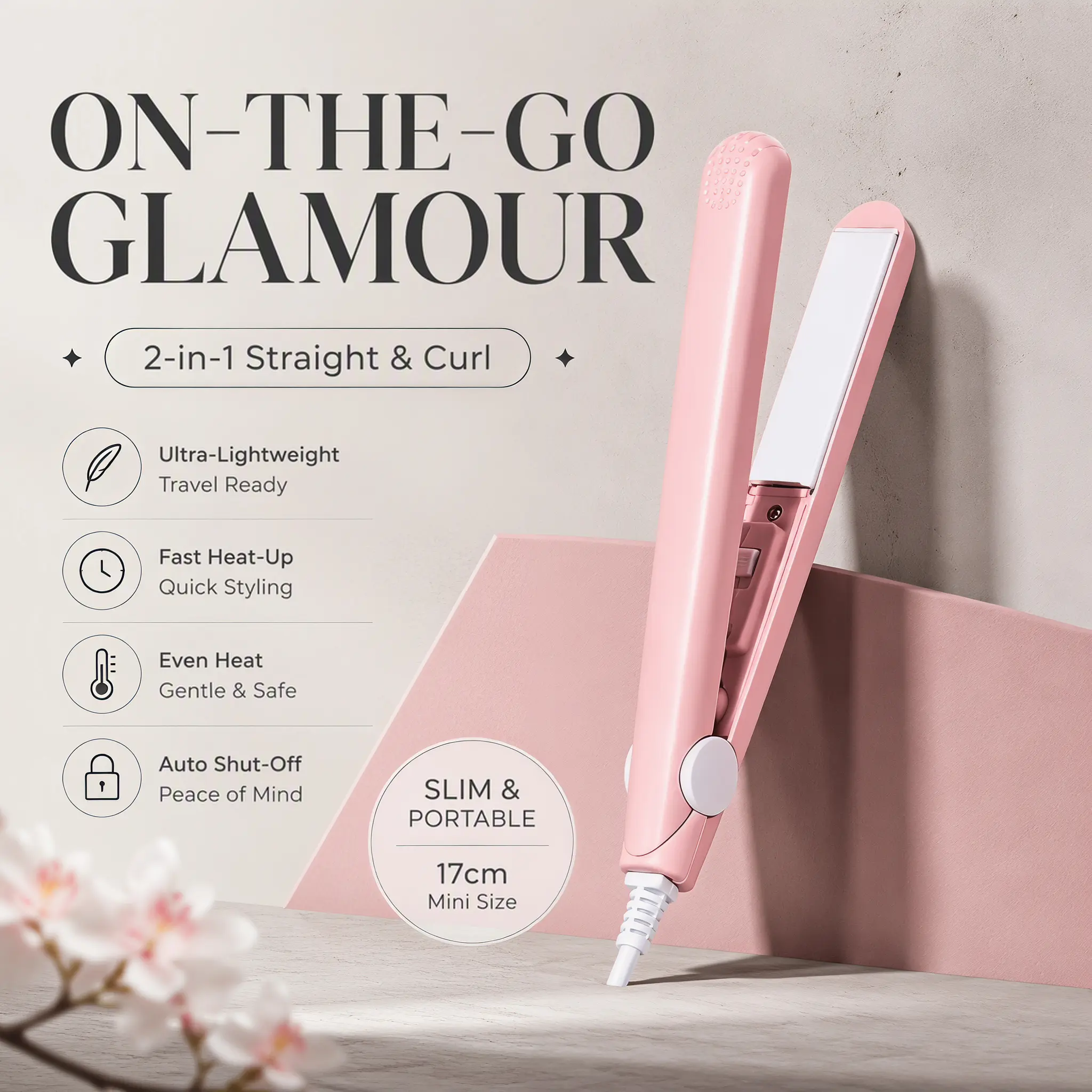 QUEBERS Pink Mini Ceramic Flat Iron with Travel Case, 30-Second Quick Heat Travel Hair Straightener for Women's Short Hair & Bangs-ONION-0018-PINK