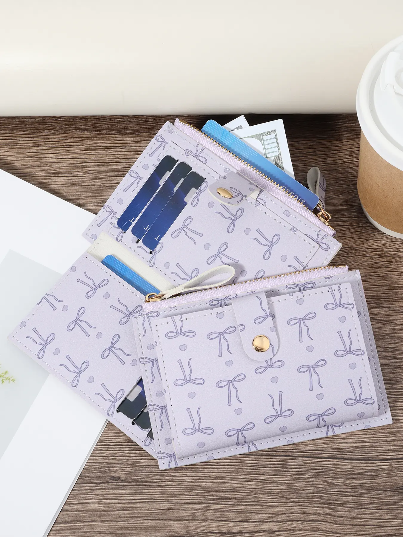New elegant bow print lightweight portable small credit card holder and notepad, women's multifunctional handbag and coin wallet