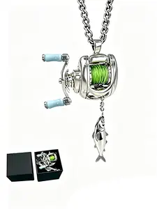 Mini Fishing Reel Necklace, Rotating Handle, Detachable Line Ring, Portable Lure Pendant, Fisherman Gift, Cuban Chain, Stainless Steel