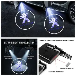 4-Pack Peugeot Logo Car Door LED Welcome Projector Lights, Compatible with Peugeot 308/408/508/2008/3008 Series Vehicles, Peel-and-Stick Non-Destructive Drill-Free Waterproof Courtesy Lights