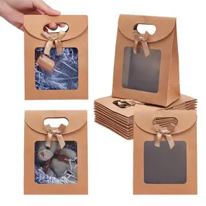 24 pieces of mini kraft paper bags with window, 4.7x2.4x6.2 cm, stand-up mini gift bags with handle, brown gift bags with transparent window for candy and cookie packaging, suitable for weddings, Christmas parties, and retail stores