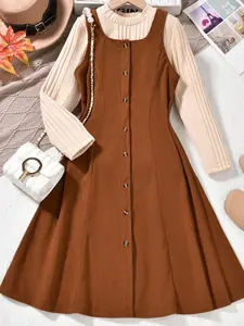 Girl's Solid Button Front Pinafore Dress & Sweater Two-Piece Set, Buttoned Dress, Preppy Style Long Sleeve Round Neck Dress & Jumper for Daily Wear, Kids Fall & Winter Clothes