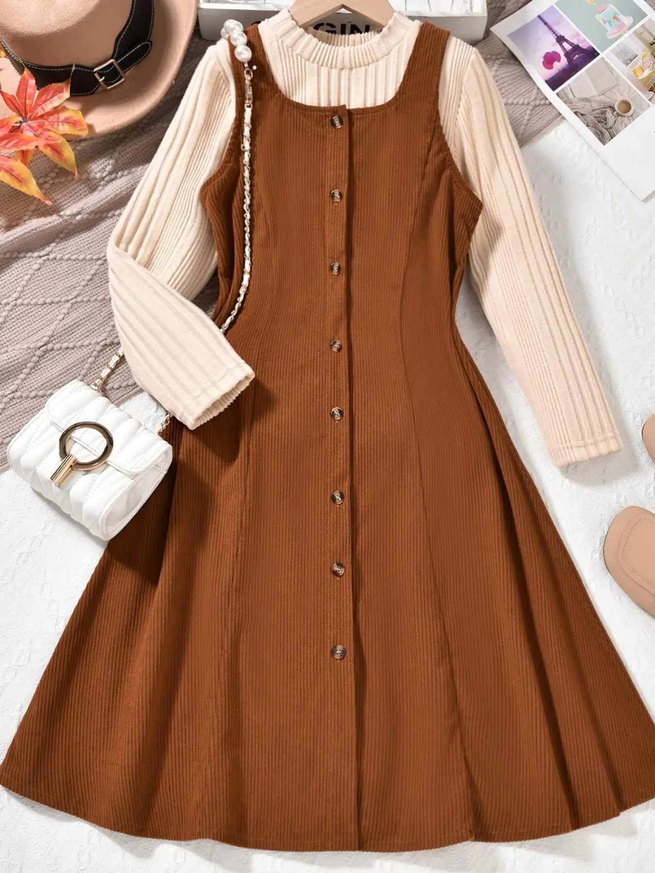 Girl's Solid Button Front Pinafore Dress & Sweater Two-Piece Set, Preppy Style Long Sleeve Round Neck Dress & Jumper for Daily Wear, Kids Fall & Winte