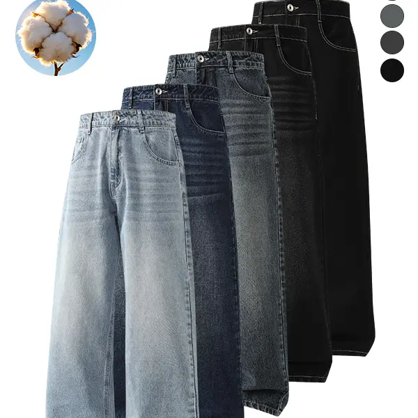 5-pack men’s cotton wide-leg jeans, loose fit with a straight cut, casual street retro gradient wash denim fabric