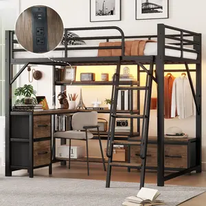 Full Queen Size Metal Loft Bed Frame - Bedroom Furniture with Desk, LED Lights, Storage Shelves, Wardrobe, Drawers, Space-Saving for Kids, Queen Bed Frame