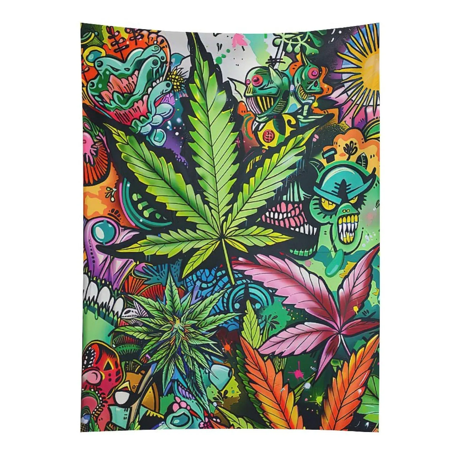 Polyester Cannabis Leaf Graffiti Tapestry, Colorful Trippy Cartoon Wall Hanging Home Decor