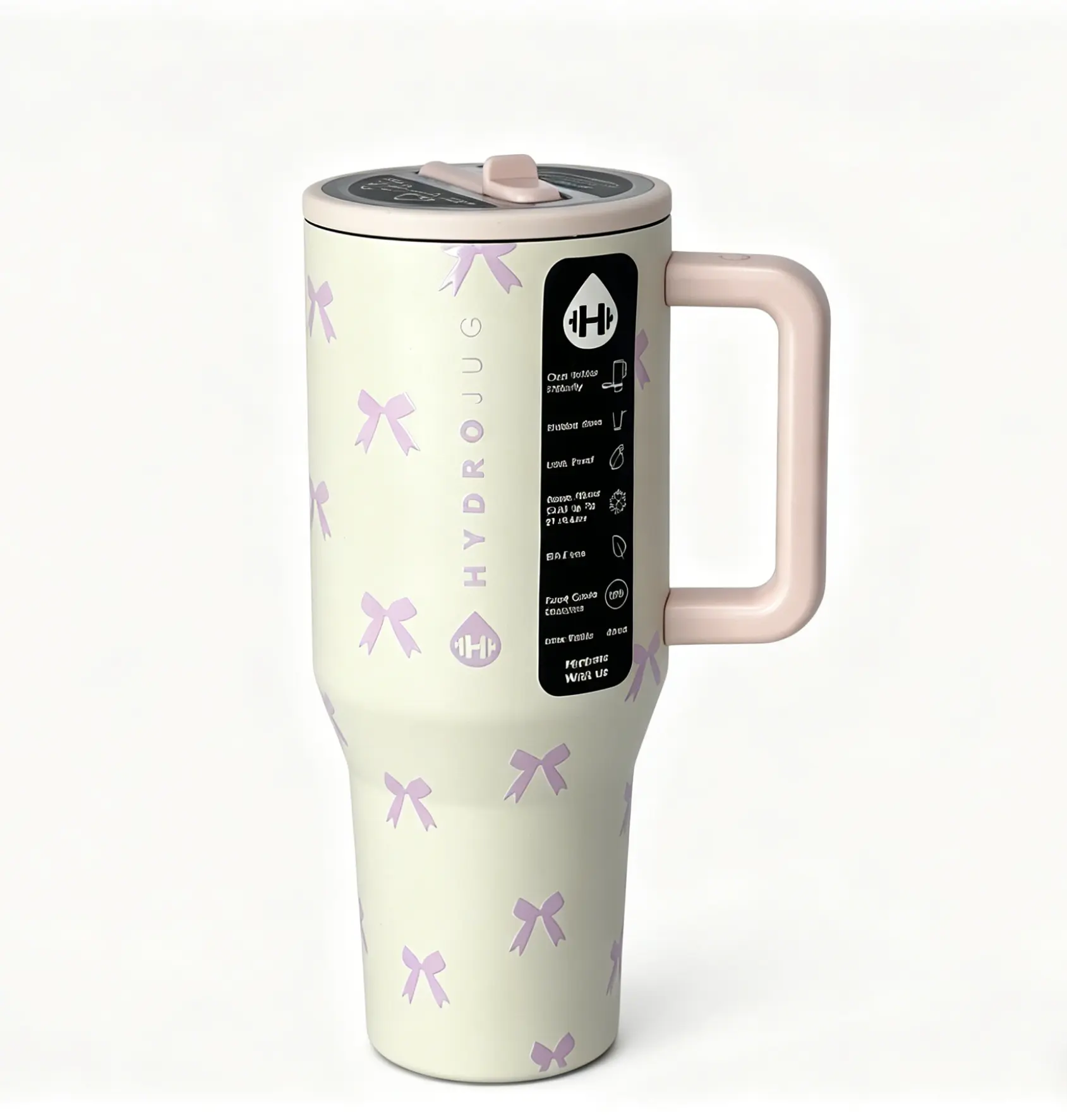 HydroJug 40 oz Stainless Steel Straw Tumbler, Pink Bow Print, Fits Cup Holders for Sports, Outdoor, Office & Car Use, Ultimate Cold Retention for All-Day Iced Drinks, BPA-Free, Trendy & Viral Water Bottle