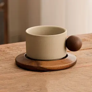 Retro ceramic coffee mug, Creative Cone coffee cup set elegant small- Solid wood handle and coaster - Suitable for home, restaurant, party and office use 250ml/8.45floz