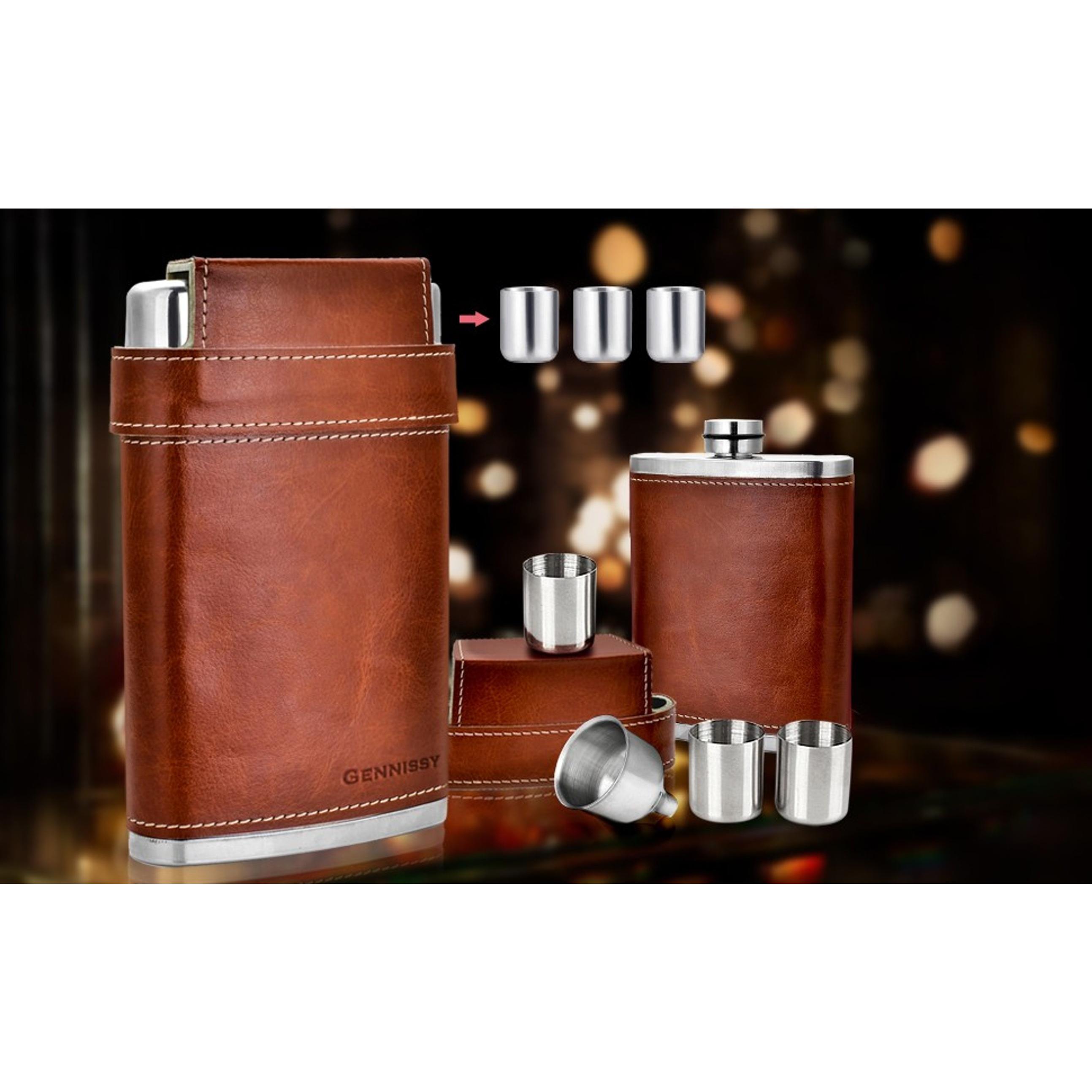 GENNISSY 8oz Hip Flask for Men - 304(18/8) Stainless Steel Bourbon Whiskey Flask, Leakproof with Brown Leather Wrap - Includes Funnel & 3 Mini Cups for Dad, Gifts, TravelGift