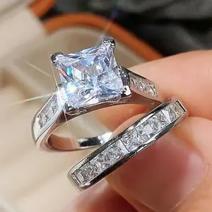 Women's 2-Piece Stackable Square Cubic Zirconia Engagement Ring Set, Diamond-Like Artificial Gemstone Bridal Wedding Band, Elegant Steel Tone Promise Ring Gift for Valentine Anniversary