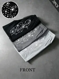 Men's Casual 3-Piece Shorts Set, Resilience Rhinestone Print, Drawstring Waist, Loose Fit, Ideal for Outdoor, Commute, Campus, Street Style