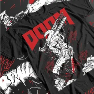 DOOM Slayer Gaming Graphic T-Shirt - 100% Cotton Short Sleeve Aesthetic Classic Menswear Cargo Print Casual Streetwear Sports Top