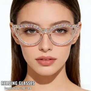 4PCS Women's Fashion Cat-Eye Luxury High-End Diamond-Embedded Trendy HD Reading Reading Glasses - Elegant, Artistic, and Minimalist PC Material, +1.0 to +4.0 Diopter, Lightweight and Durable, Suitable for Daily Computer Work, Reading, and Book Use