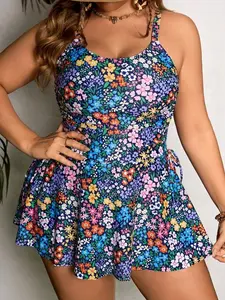 Plus Size Women's Floral Printed U-Neck Bow-Tie Tankini Two-Piece Cami Swimsuit Dress for Summer Beach Vacation Boho Style High Waist Multicolor