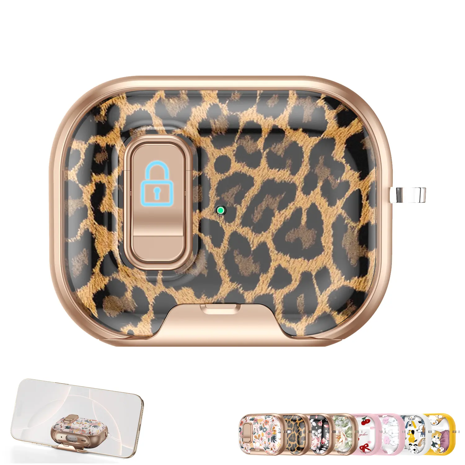 For Airpods 4 Pro3/2/1 Case with Safety Lock & Phone Stand Function, Leopard Flower Bow Puppy Cat Daisy Design PC+TPU Protective Case for AirPod Cover with Keychain