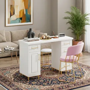 43 Inch Nail Tech Desk, Wooden Manicure Table with Storage, 5 Drawers & Cabinet, Professional Nail Station Manicure Desk for Nail Technicians, Available in