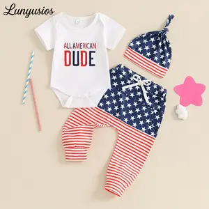 Baby Boy 4th of July Outfit Letter Embroidery Short Sleeve Romper with Stripe Pants and Hat for Independence Day