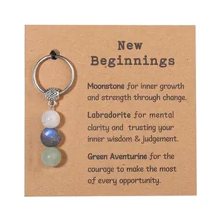 Natural Stone Beaded Keychain, 1 Count Beginnings New Beginnings Keychain with Encouraging Card, Keychain Set Party Favors for Birthday, Wedding, Graduation, Cute Keychain
