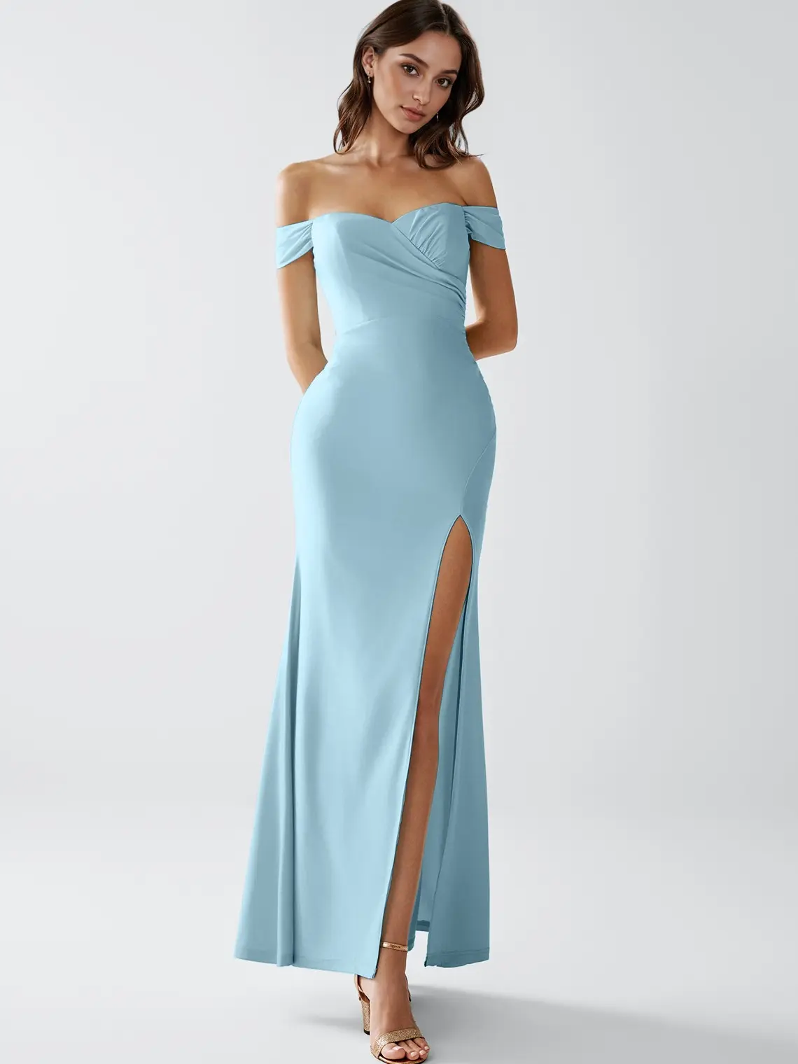 Azazie Crala Off Shoulder Cutout Ruched Floor Length Wedding Guest Formal Evening Stretch Knit Dress, Women, Zipper
