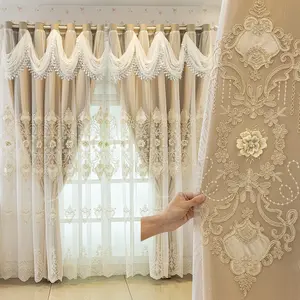 1pc European Style Double Layer Curtains, Embroidered Lace Top, Blackout Drapes, Wave Header, Sheer Bottom, Living Room Bedroom Decor