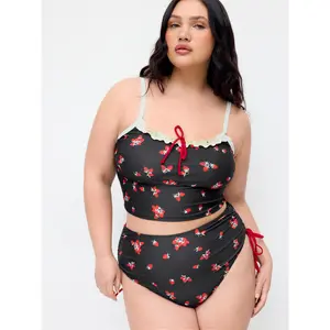 Cider High Stretch Fruit Graphic Square Neck Tankini & Bikini Set Curve & Plus