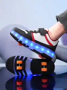 Teen Boys Girls Wheel Shoes, Four-Wheel Roller Skates, Waterproof PU Leather, LED Rechargeable Light-Up Sneakers, Fashion All Seasons