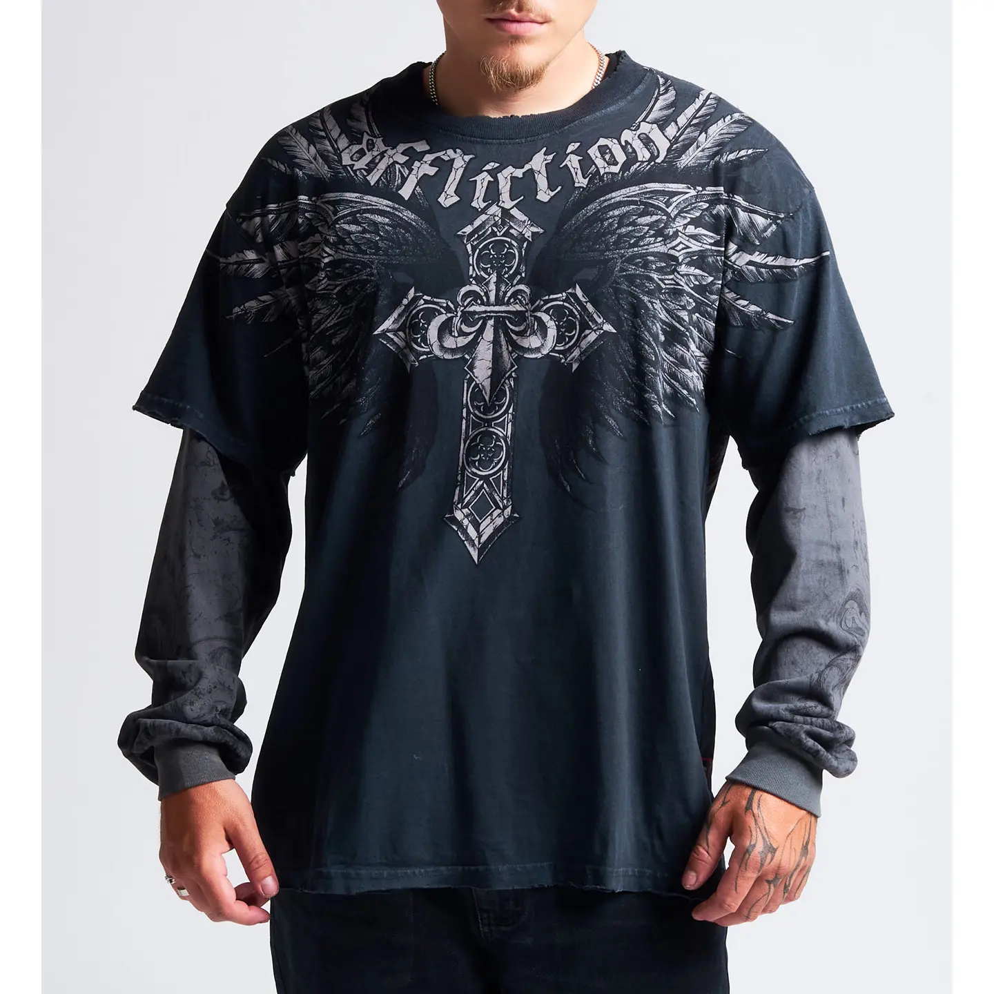 Affliction Men's Long Sleeve 2fer T-shirt Jovial
