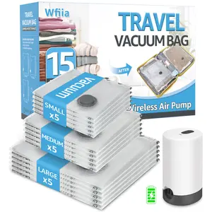 15 Packs Vacuum Bags for Travel with Rechargeable Pump, 3 Sizes Vacuum Seal Packing Bags for Clothing, Compression Vacuum Travel Bags for Luggage, Space Saver Vacuum Storage Bags for Closet Organization